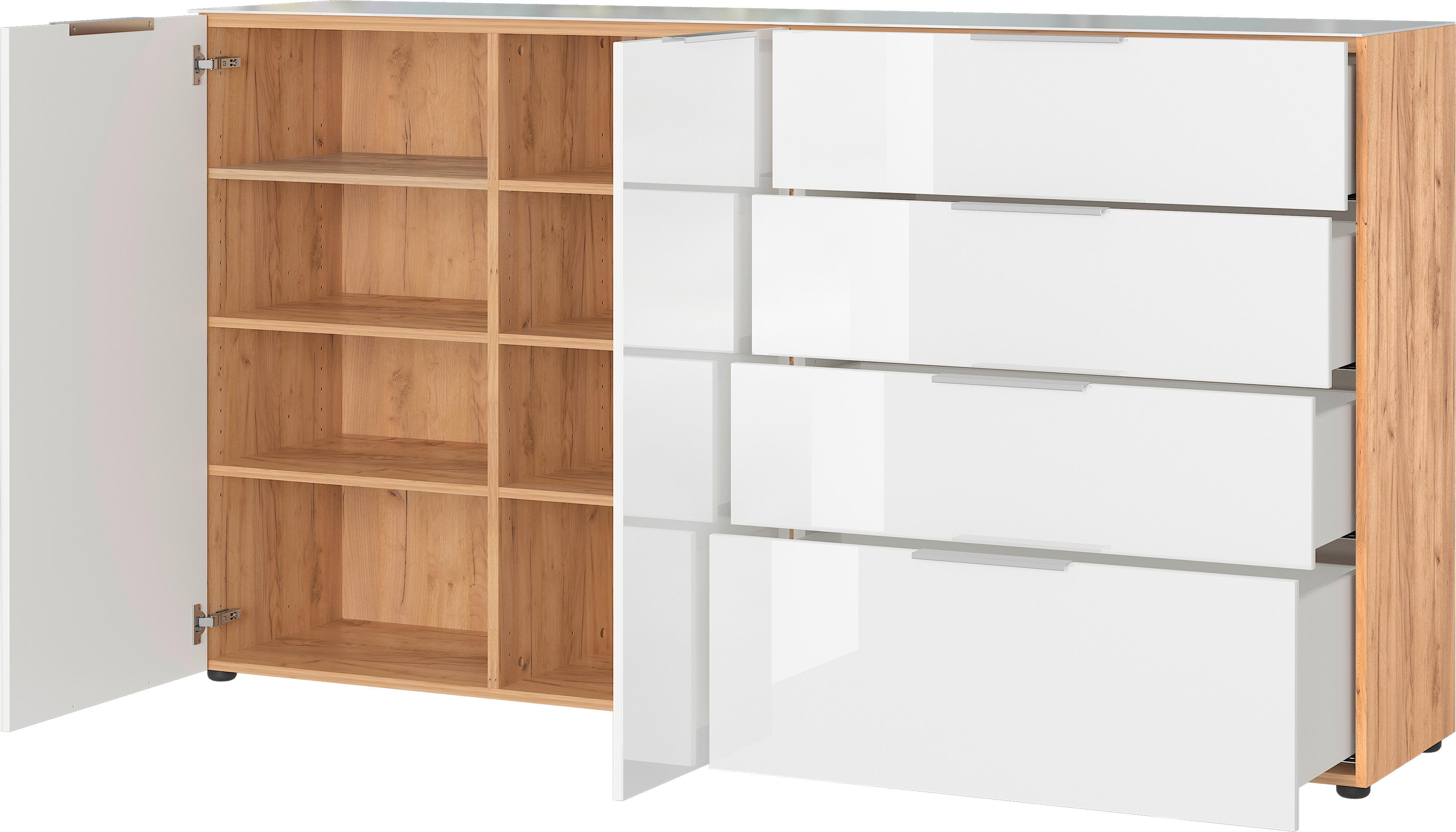Sideboard Oakland in Weiß/Eichefarben - Chromfarben/Eichefarben, MODERN, Glas/Holzwerkstoff (184/102/42cm) - Premium Living