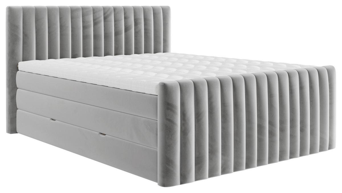 Boxspringbett Simon in Hellgrau ca. 160x200cm - Hellgrau/Schwarz, KONVENTIONELL, Holzwerkstoff/Kunststoff (160/200cm) - Premium Living