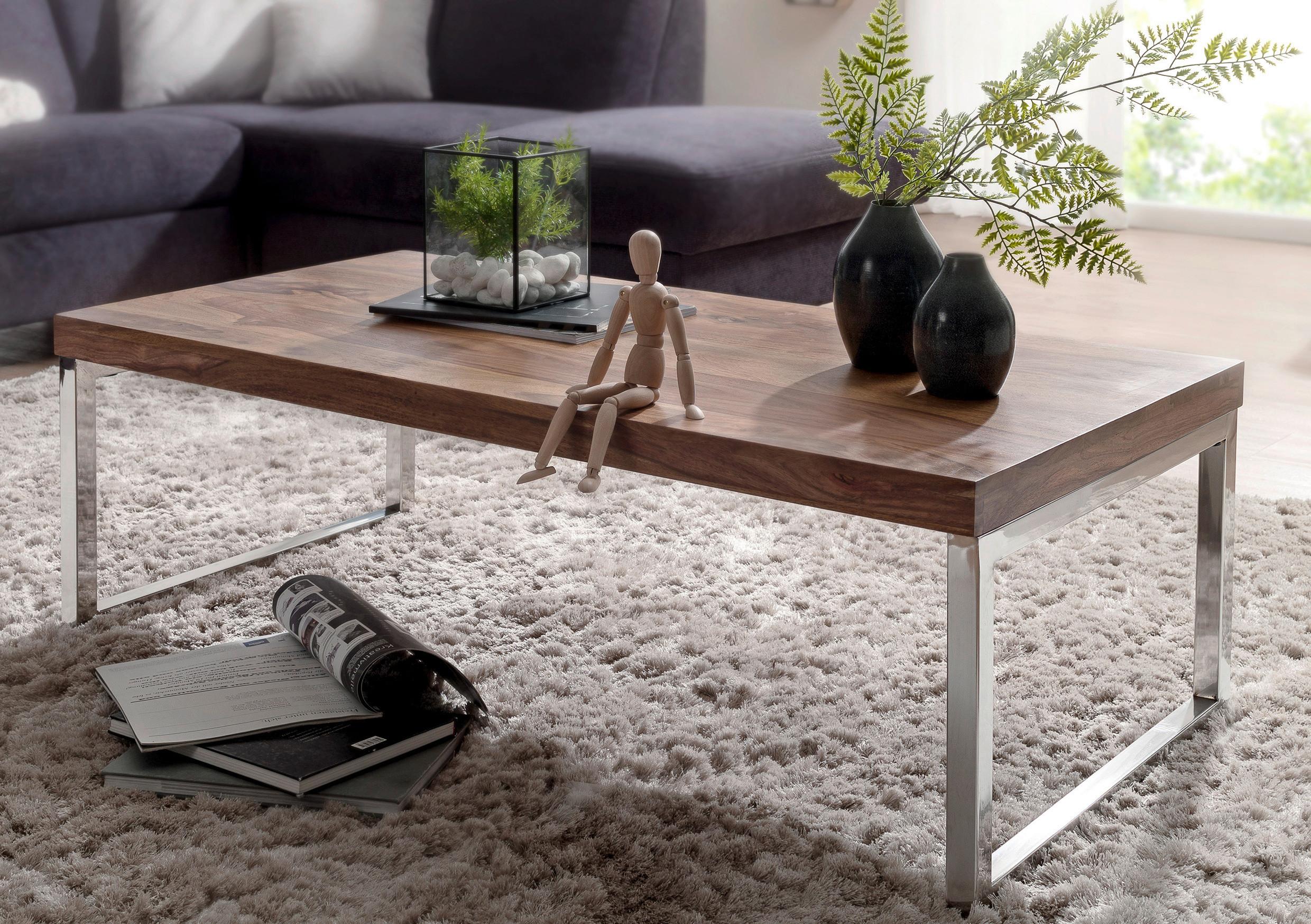 Couchtisch "Guna" ca. 120x60 cm, aus Sheesham - Chromfarben/Sheeshamfarben, Design, Holz/Metall (120/60/40cm) - MID.YOU