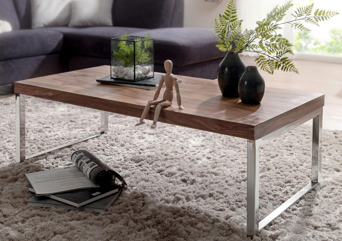 Couchtisch "Guna" ca. 120x60 cm, aus Sheesham - Chromfarben/Sheeshamfarben, Design, Holz/Metall (120/60/40cm) - MID.YOU