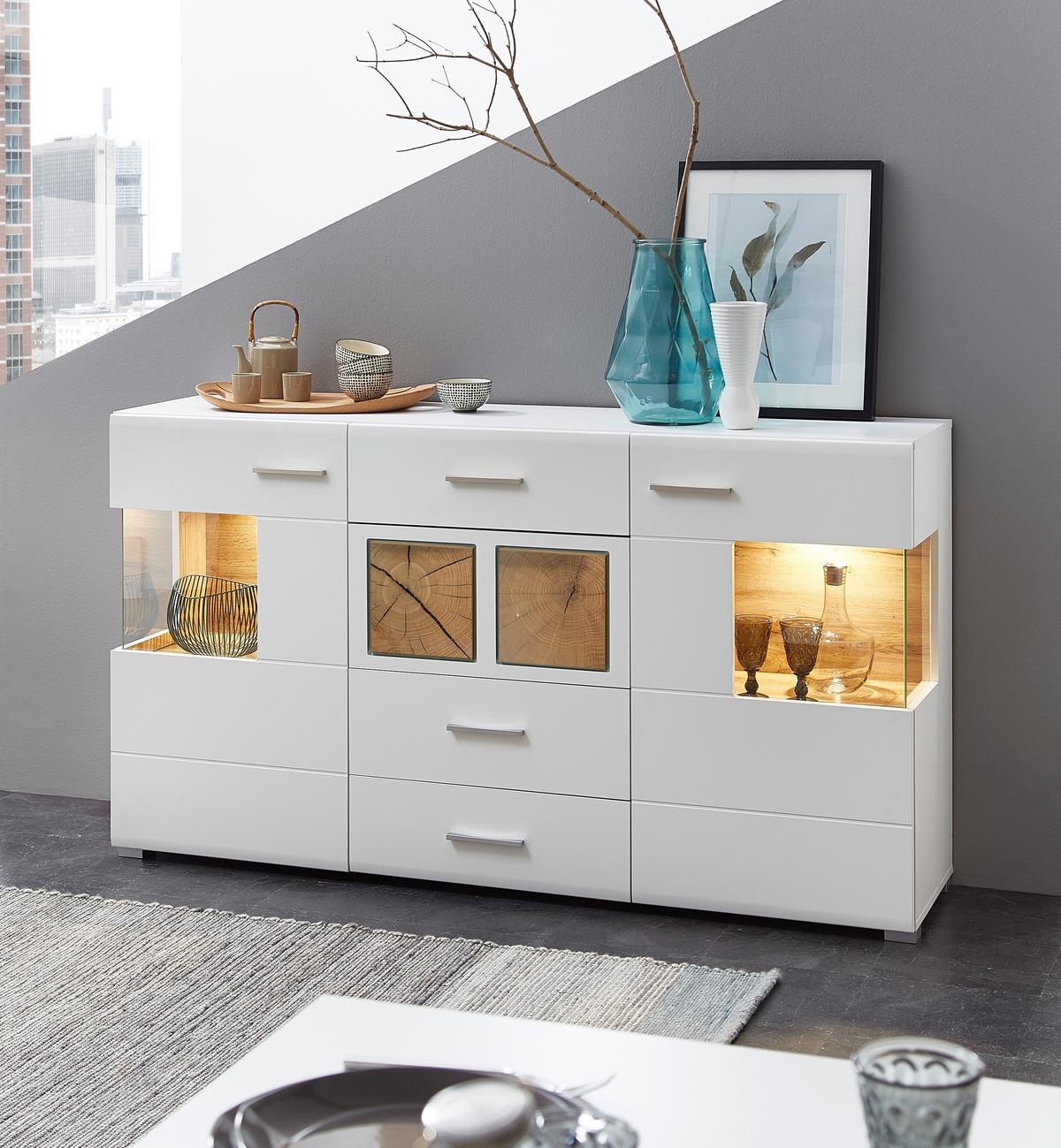 Sideboard Fun Plus Weiß/Eichefarben - Chromfarben/Eichefarben, MODERN, Holzwerkstoff/Metall (170/94/42cm) - Mömax