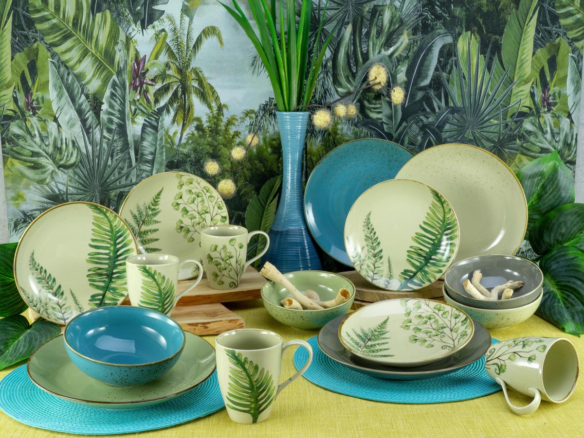 Kombiservice Botanica in Grün, 16-teilig - Sandfarben/Petrol, KONVENTIONELL, Keramik - Creatable