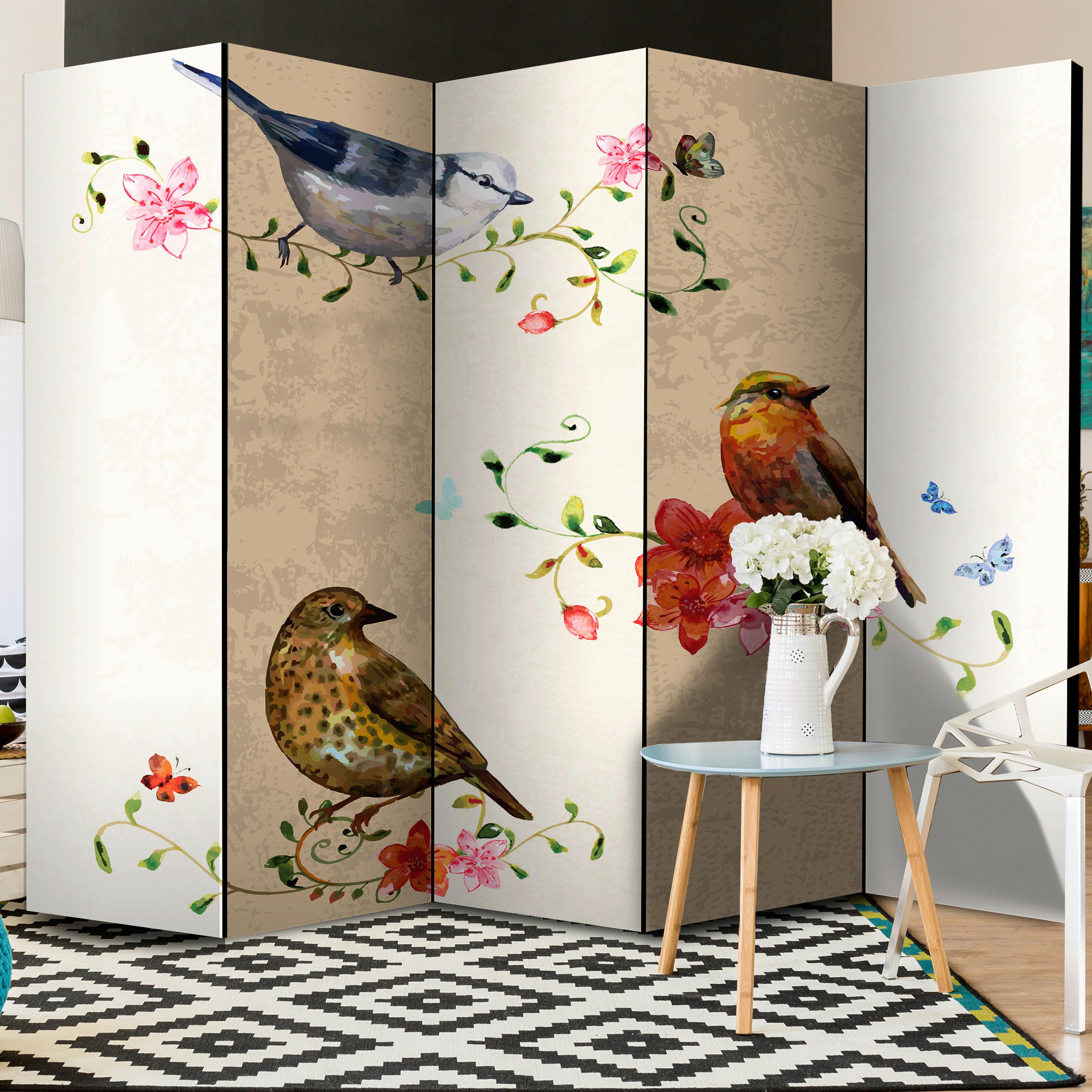 Paravan Bird Song I, 5-Delni, Akustičen - barve šampanjca/večbarvno, Basics, umetna masa/tekstil (225/172/3cm) - artgeist