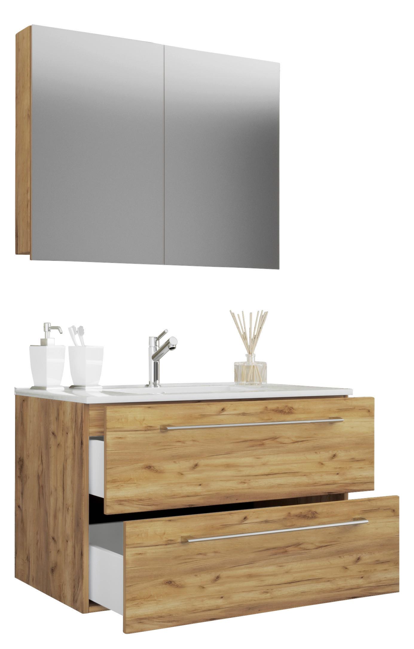 Badezimmer Badinos 3-tlg. Honig Eiche - Honigeiche/Alufarben, MODERN, Keramik/Holzwerkstoff (80cm) - MID.YOU