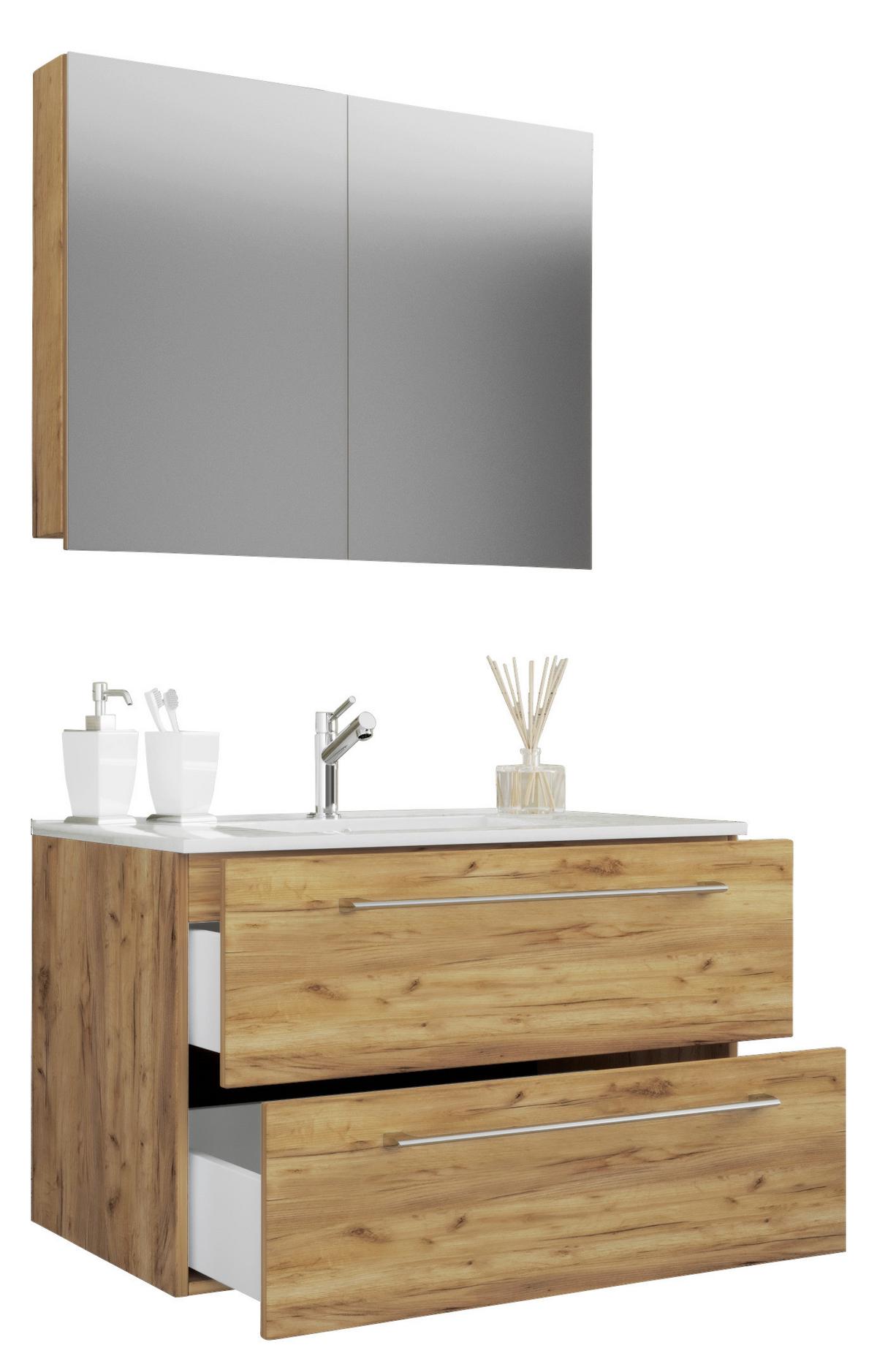 Badezimmer Badinos 3-tlg. Honig Eiche - Honigeiche/Alufarben, MODERN, Keramik/Holzwerkstoff (80cm) - MID.YOU