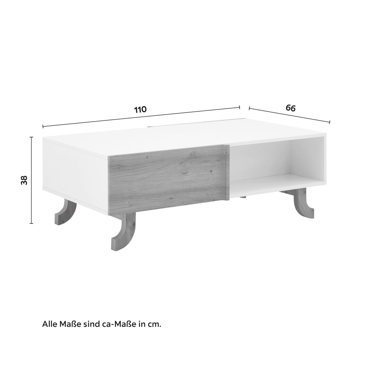 Couchtisch Holz, "Vira" Massiv, Kiefer, ca. 110x66 cm - Weiss/Kieferfarben, Modern, Holz (110/38/66cm) - Bessagi Home