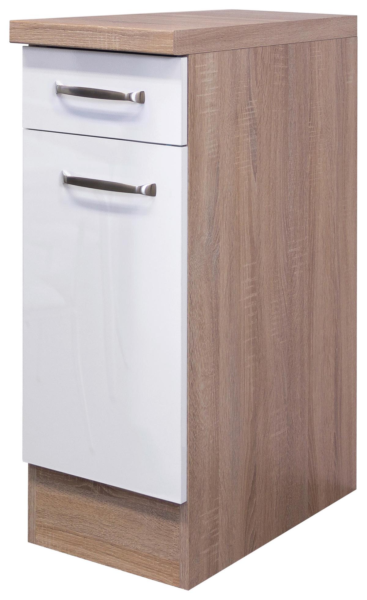 Küchenunterschrank Weiß Hochglanz/Eiche - Edelstahlfarben/Weiß Hochglanz, MODERN, Holzwerkstoff/Metall (30/86/60cm) - FlexWell