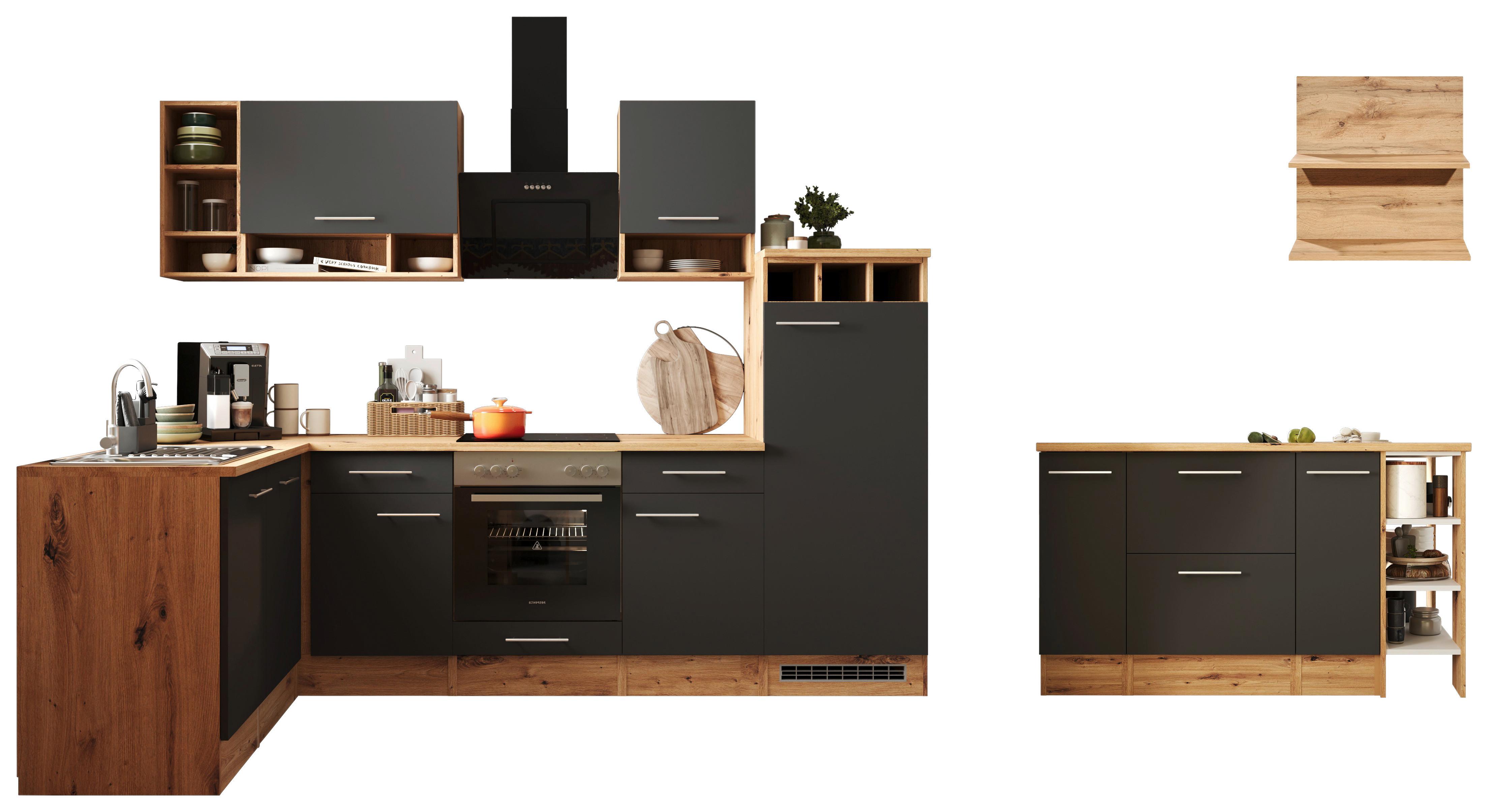Eckküche Hilde m. Insel m. Geräten ca.280cm Eiche/Grau - Wildeiche/Alufarben, Design, Holzwerkstoff/Metall (280/172cm) - Respekta