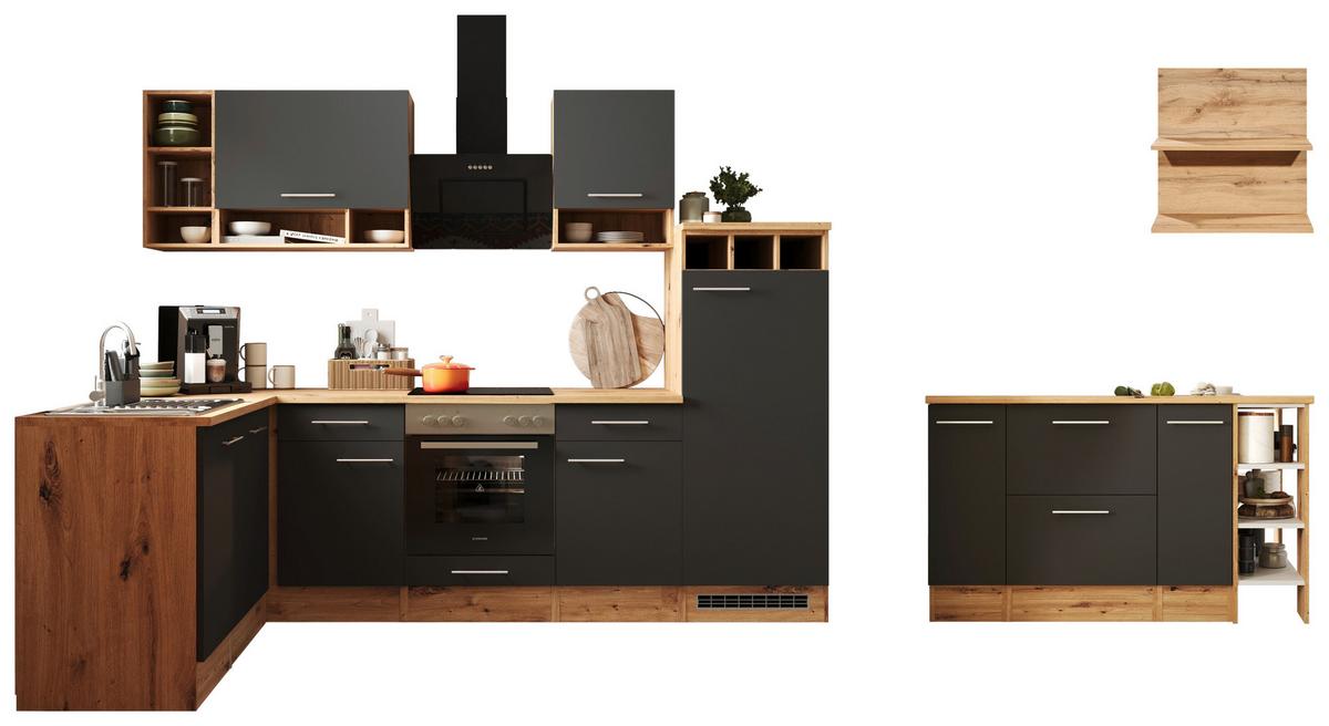 Eckküche Hilde m. Insel m. Geräten ca.280cm Eiche/Grau - Wildeiche/Alufarben, Design, Holzwerkstoff/Metall (280/172cm) - Respekta