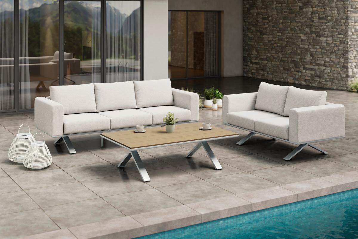 LOUNGEGARNITUR SOFIA - Hellgrau/Naturfarben, Modern, Kunststoff/Textil (221/67/80cm) - Bessagi Garden