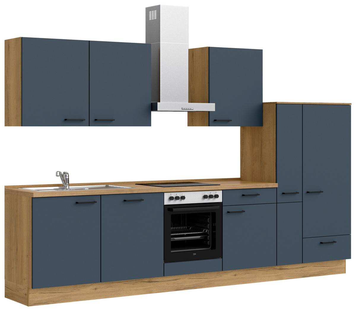 Küchenblock Easytouch Low m. Geräten Dunkelblau - Eichefarben/Schwarz, MODERN, Holzwerkstoff/Metall (330cm) - Nobilia