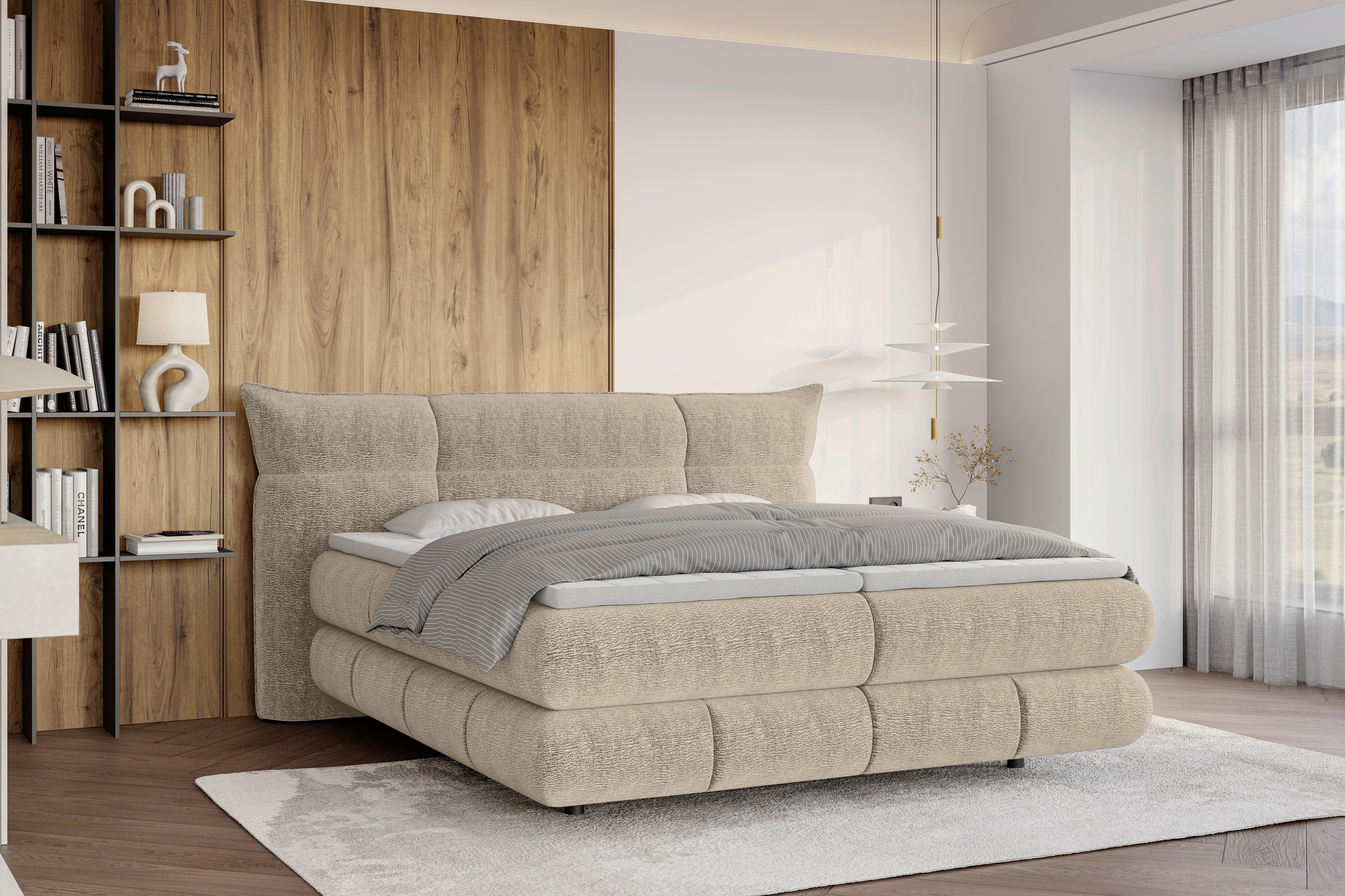 Boxspringbett Auris Elfenbein ca. 180x200cm - Elfenbein/Schwarz, KONVENTIONELL, Kunststoff/Textil (180/200cm) - Sembella