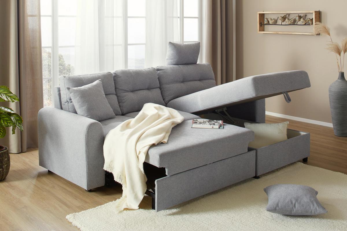 Ecksofa in Grau mit Schlaffunktion - Schwarz/Grau, Konventionell, Kunststoff/Textil (232/89/153cm) - Mömax