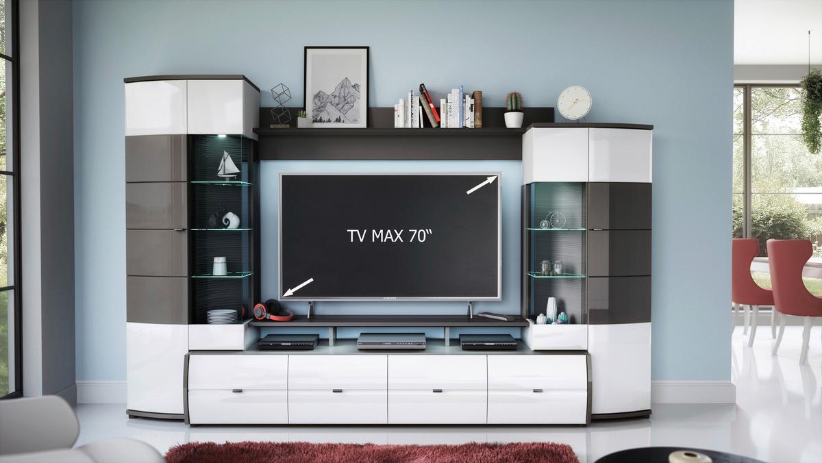MEBLOŚCIANKA DO SALONU TRENDY - biały wysoki połysk/kolor srebrny, Modern, materiał drewnopochodny/tworzywo sztuczne (300/194/54cm) - Livetastic