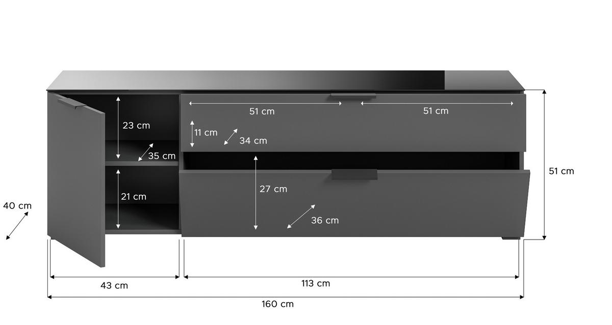 Lowboard Ray ca. 160x51 cm Anthrazit - Anthrazit, Design, Glas/Holzwerkstoff (160/51/40cm) - Livetastic