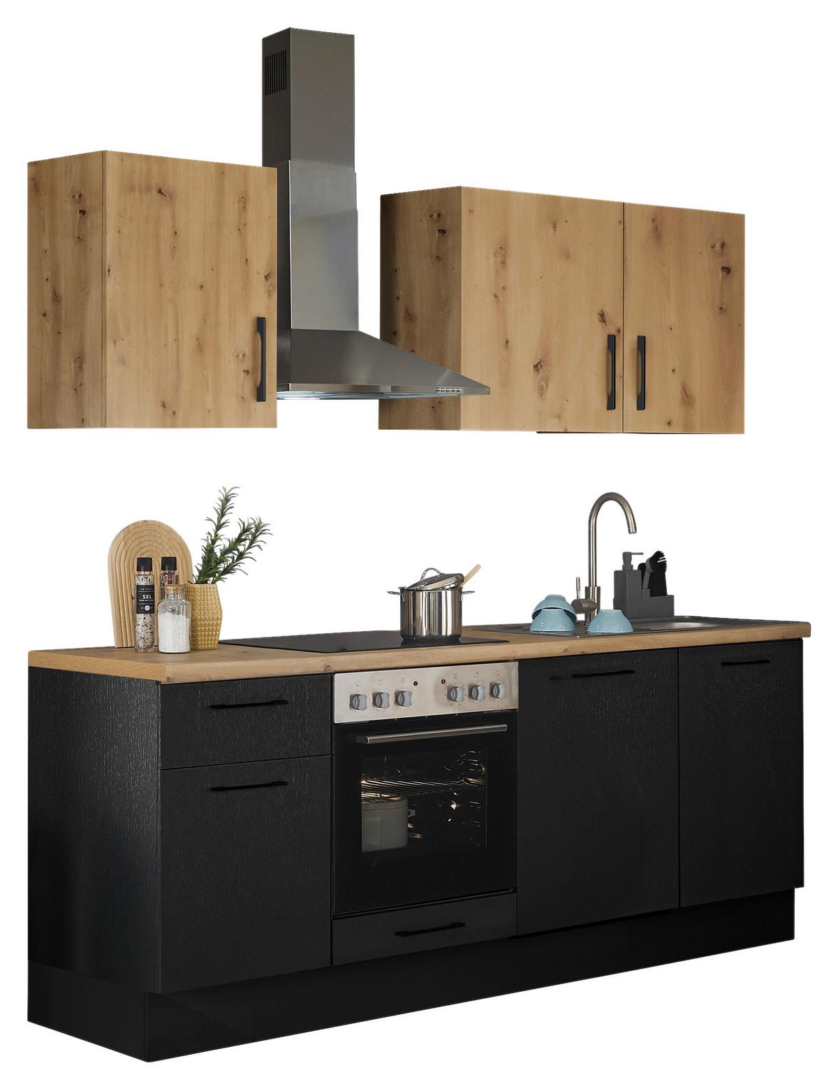 Küchenblock Turin o. Geräte Eiche/Artisan - Schwarz/Eiche Artisan, MODERN, Holzwerkstoff/Metall (220cm)