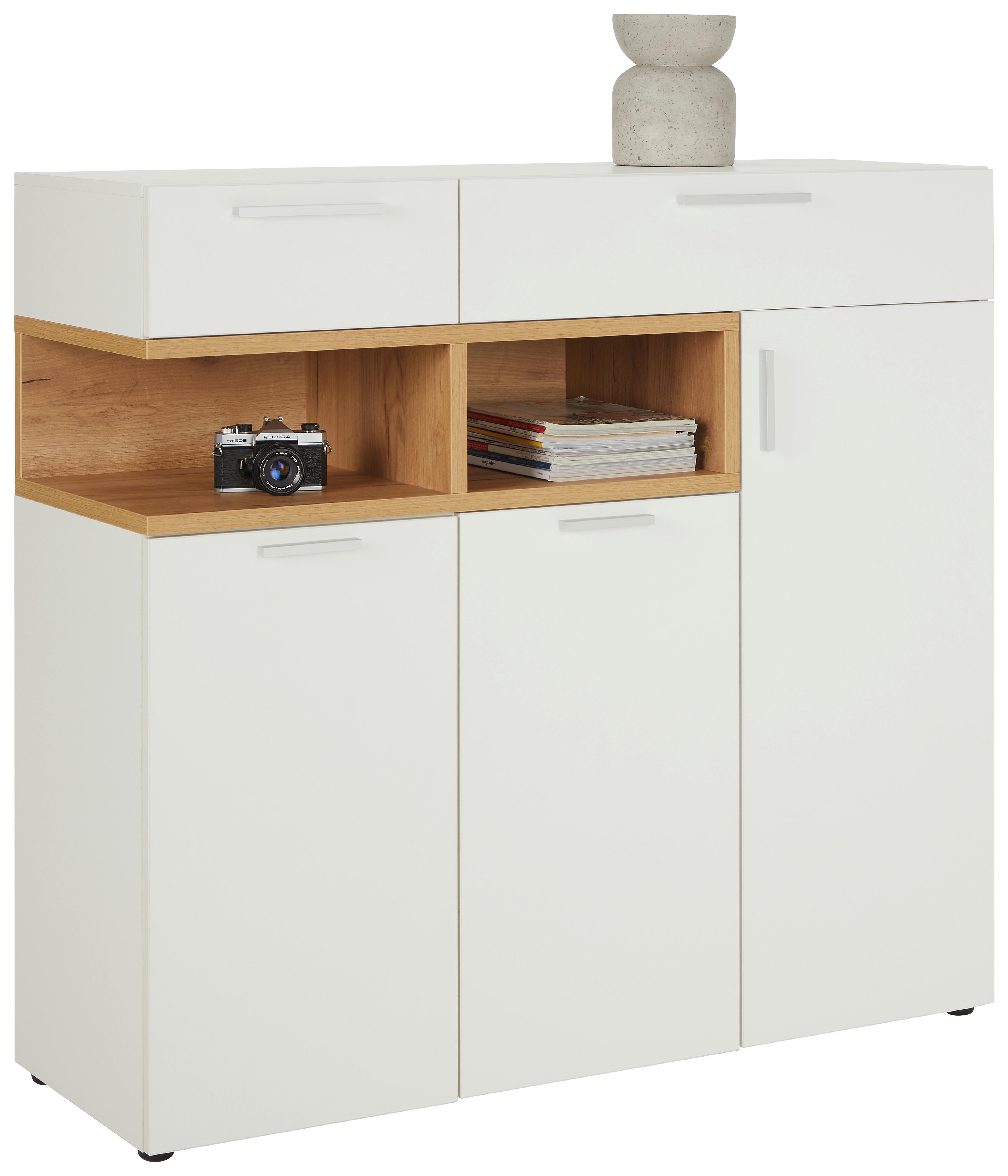 Sideboard in Weiß/Eichefarben - Eichefarben/Alufarben, MODERN, Holzwerkstoff/Kunststoff (120/113/40cm) - Modern Living