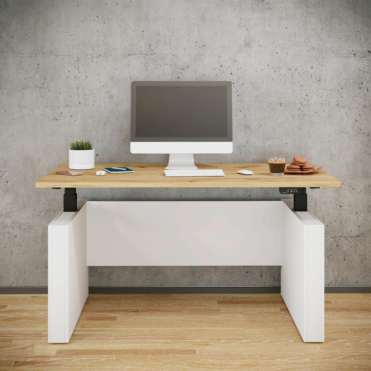 Schreibtisch E-Salia - Honigeiche/Weiss, Konventionell, Holzwerkstoff/Metall (138/80/73-122cm) - MID.YOU