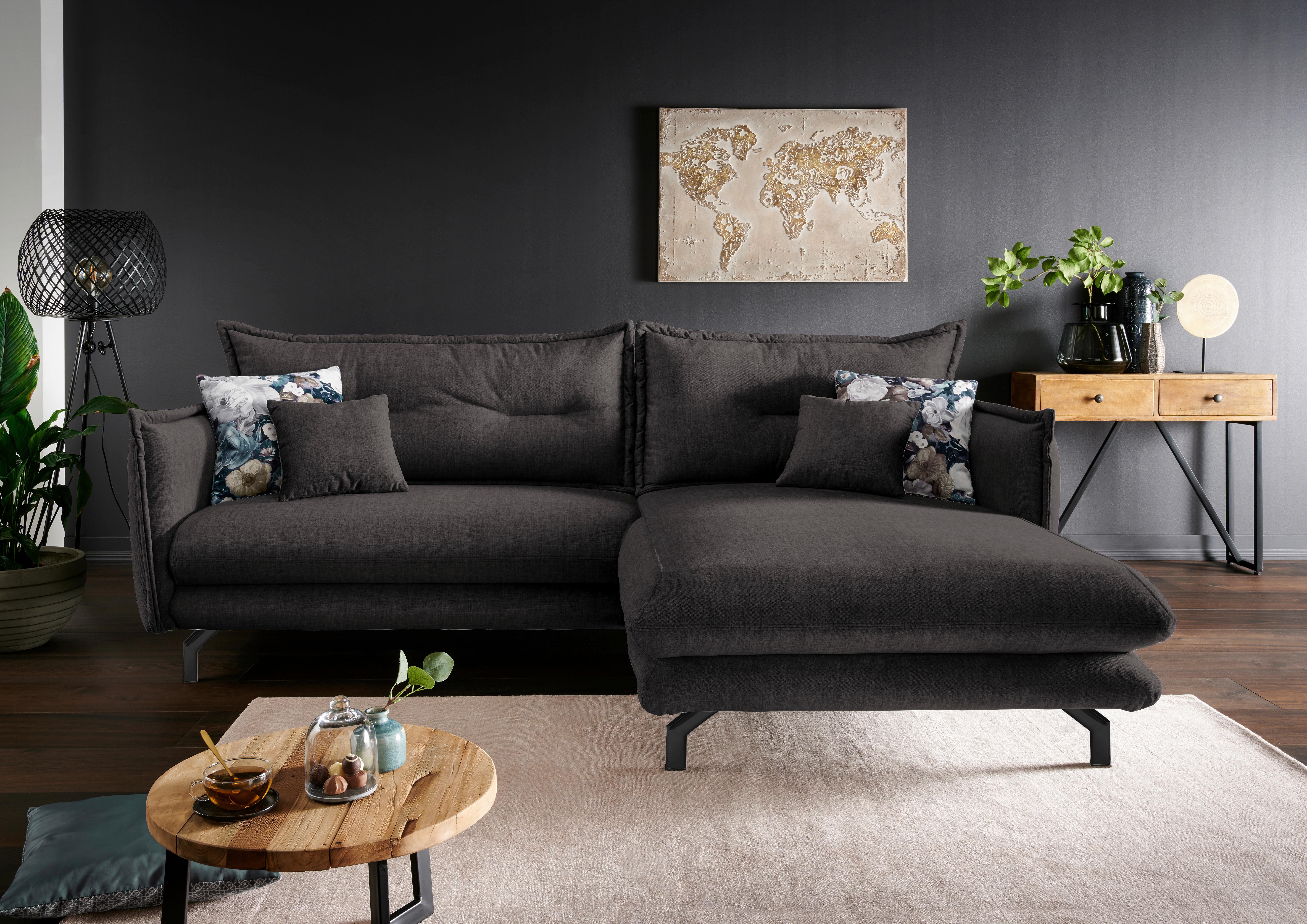 Wohnlandschaft Lava Anthrazit Velours - Türkis/Anthrazit, MODERN, Textil/Metall (255/180cm) - Livetastic