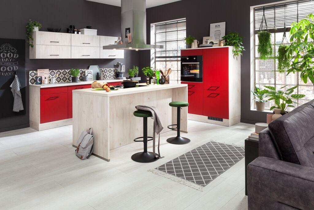 Einbauküche IP 1200 in Rot/Ahornfarben - Rot/Ahornfarben, MODERN, Holzwerkstoff - Impuls