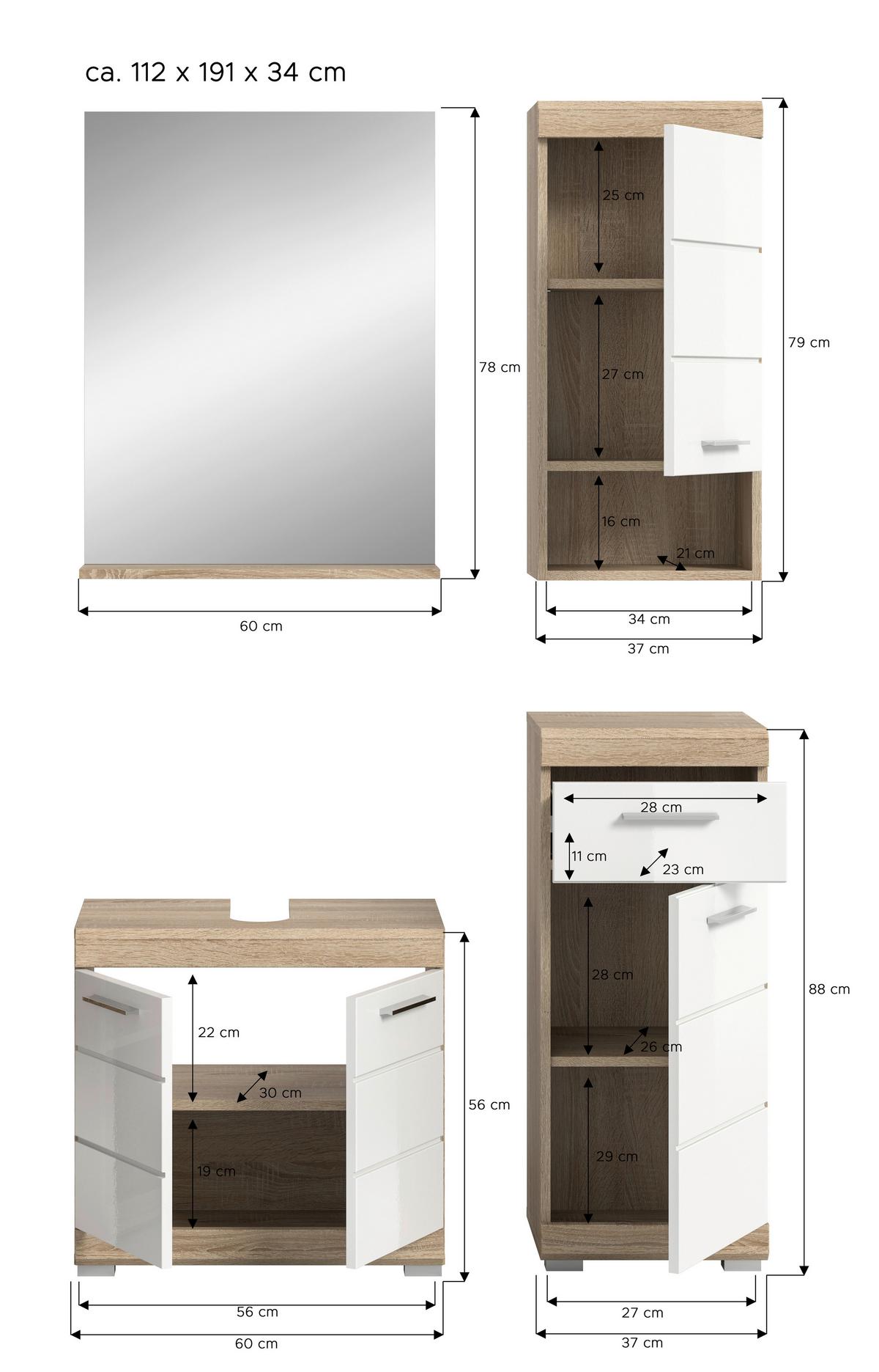 Badezimmer Lambada 4-tlg. ca. 97 cm Eiche/Weiß - Weiß Hochglanz/Silberfarben, MODERN, Glas/Holzwerkstoff (97cm) - MID.YOU