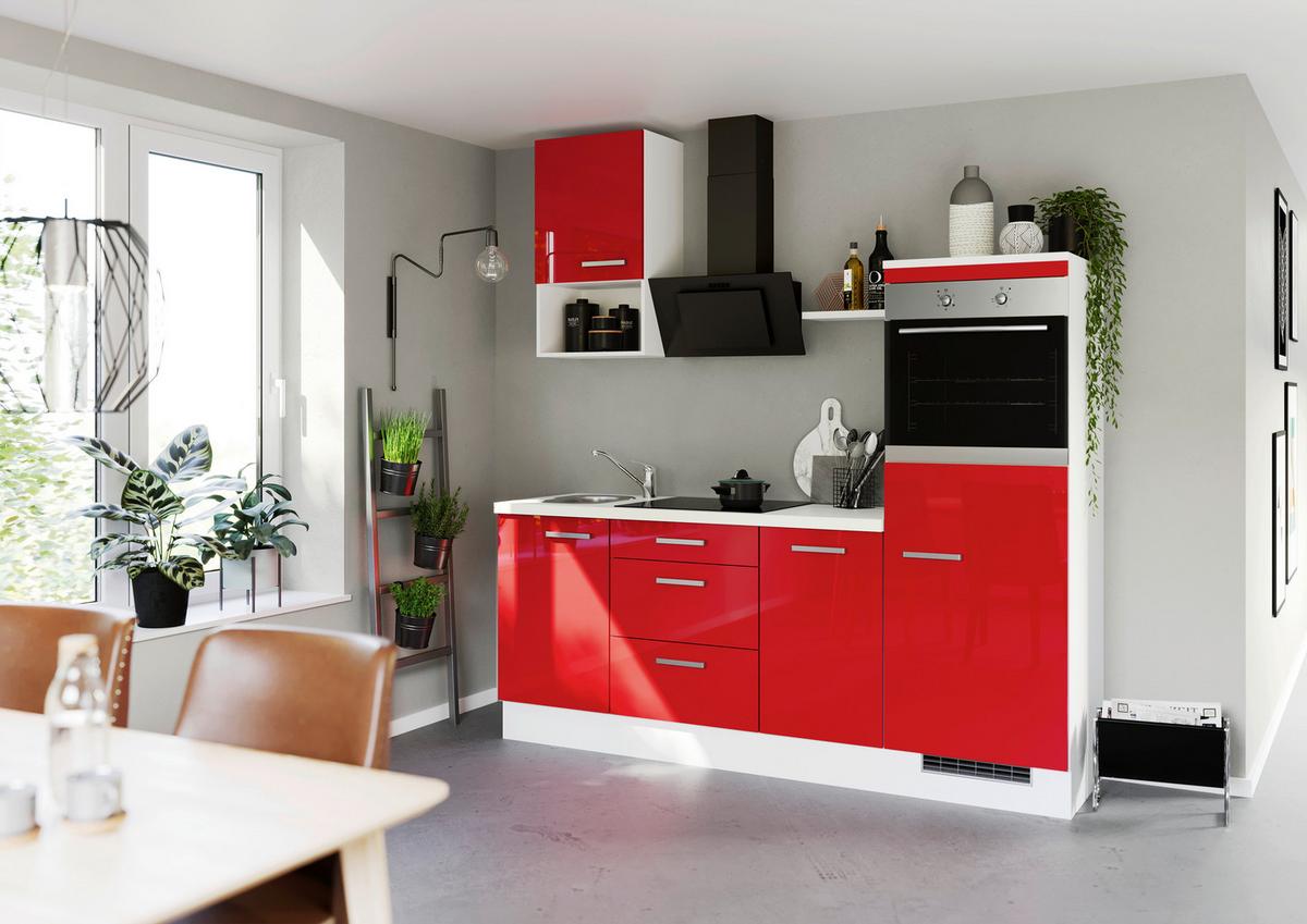 Küchenblock mit Geräten ca. 215 cm Rot/Weiß - Edelstahlfarben/Rot, Trend, Holzwerkstoff/Metall (215cm) - Impuls