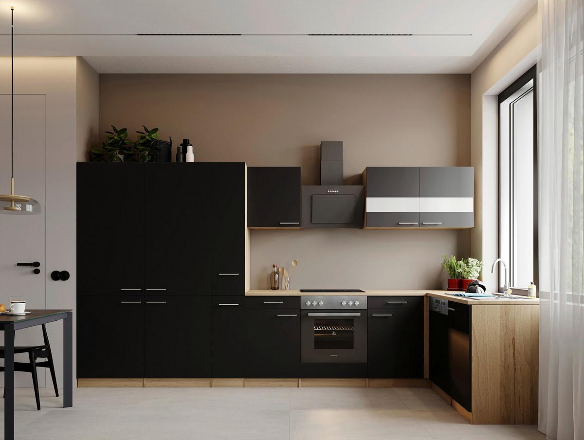 Eckküche Merle m. Geräten ca. 370x172cm Schwarz - Edelstahlfarben/Eichefarben, Trend, Holzwerkstoff/Metall (370/172cm) - Respekta