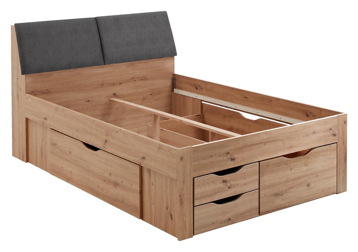 ŁÓŻKO ZE SCHOWKAMI MAXI - dąb artisan/szary, Konventionell, materiał drewnopochodny/tkanina (140/200cm) - Carryhome