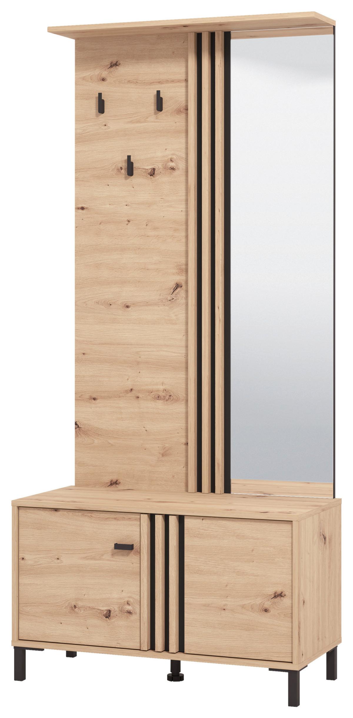 Garderobe Laval Schwarz/Eiche - Schwarz/Eiche Artisan, MODERN, Glas/Holzwerkstoff (87/190/40cm) - Mömax