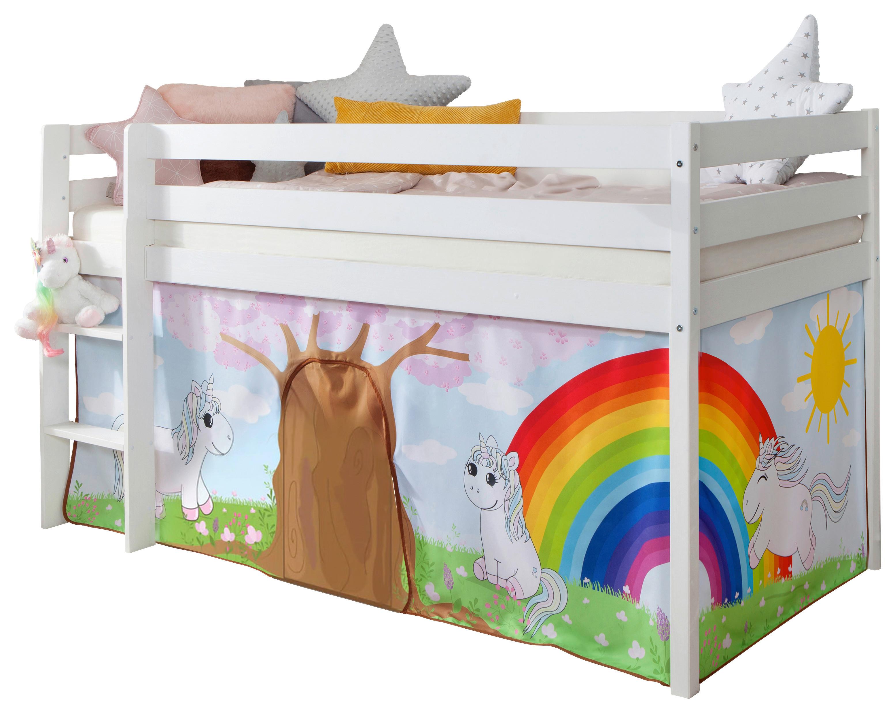 Hochbett Holz Malte ca. 90x200 cm Weiß Einhorn - Naturfarben/Weiß, Natur, Holz/Textil (90/200cm) - MID.YOU