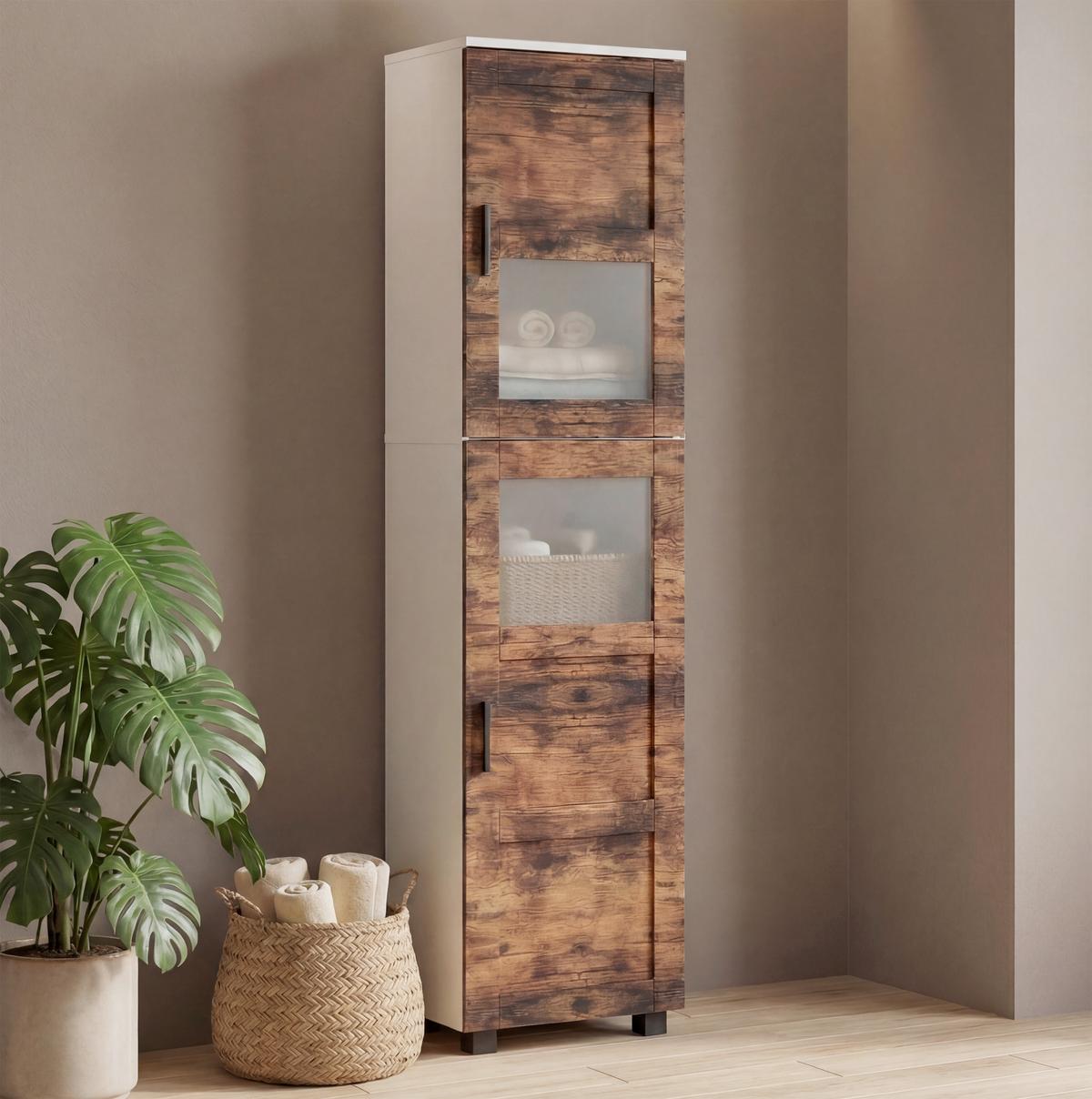 Hochschrank Nilari - Weiss/Eichefarben, Trend, Glas/Holzwerkstoff (38/165/28cm) - MID.YOU
