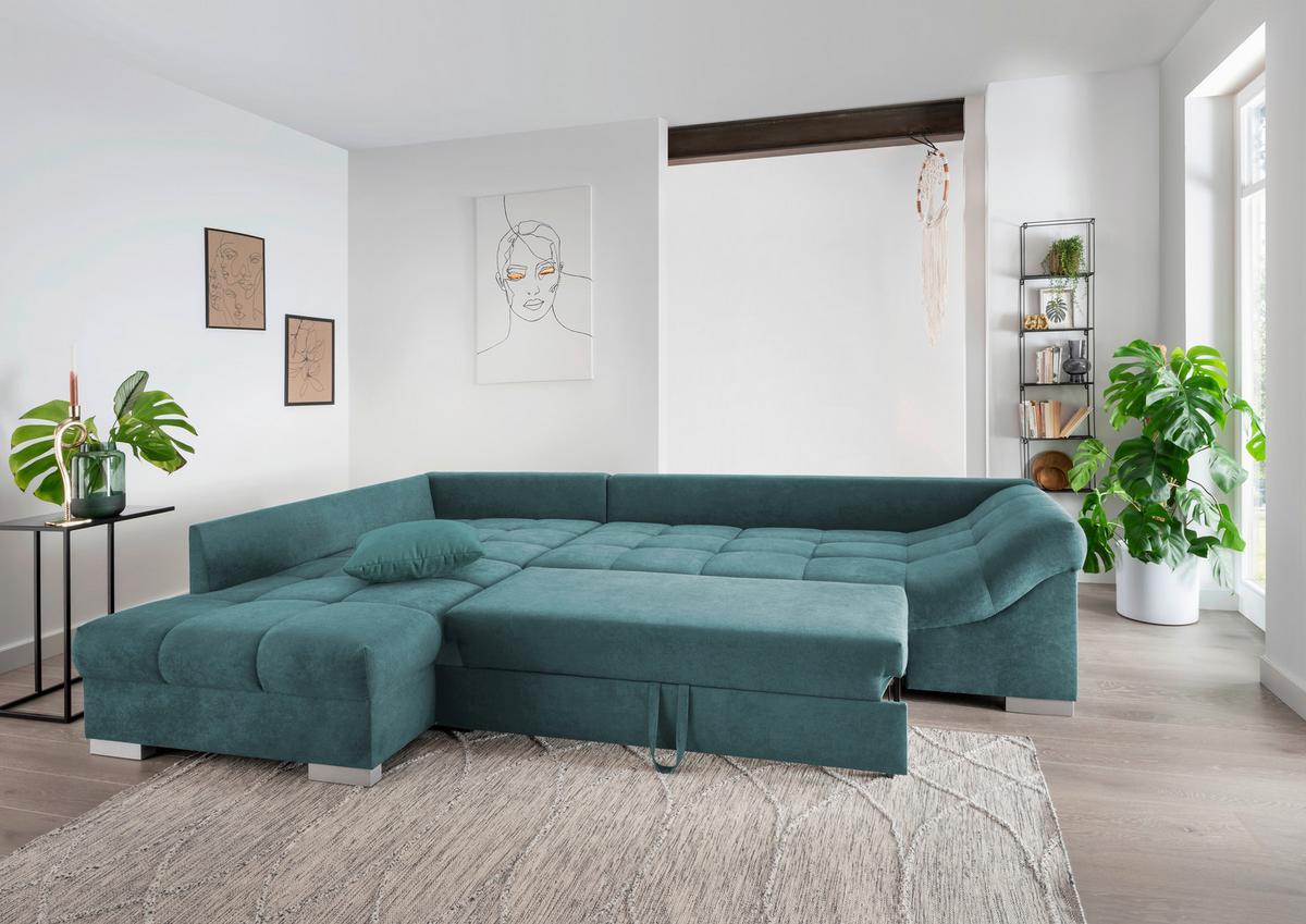 Wohnlandschaft Alvito Petrol Nylon/Mikrofaser - Silberfarben/Petrol, Design, Holz/Textil (202/298cm) - MID.YOU
