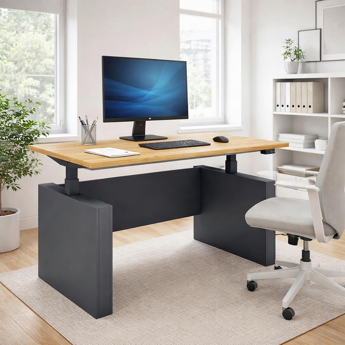 Schreibtisch E-Salia - Honigeiche/Anthrazit, Konventionell, Holzwerkstoff (138/80/73-122cm) - MID.YOU