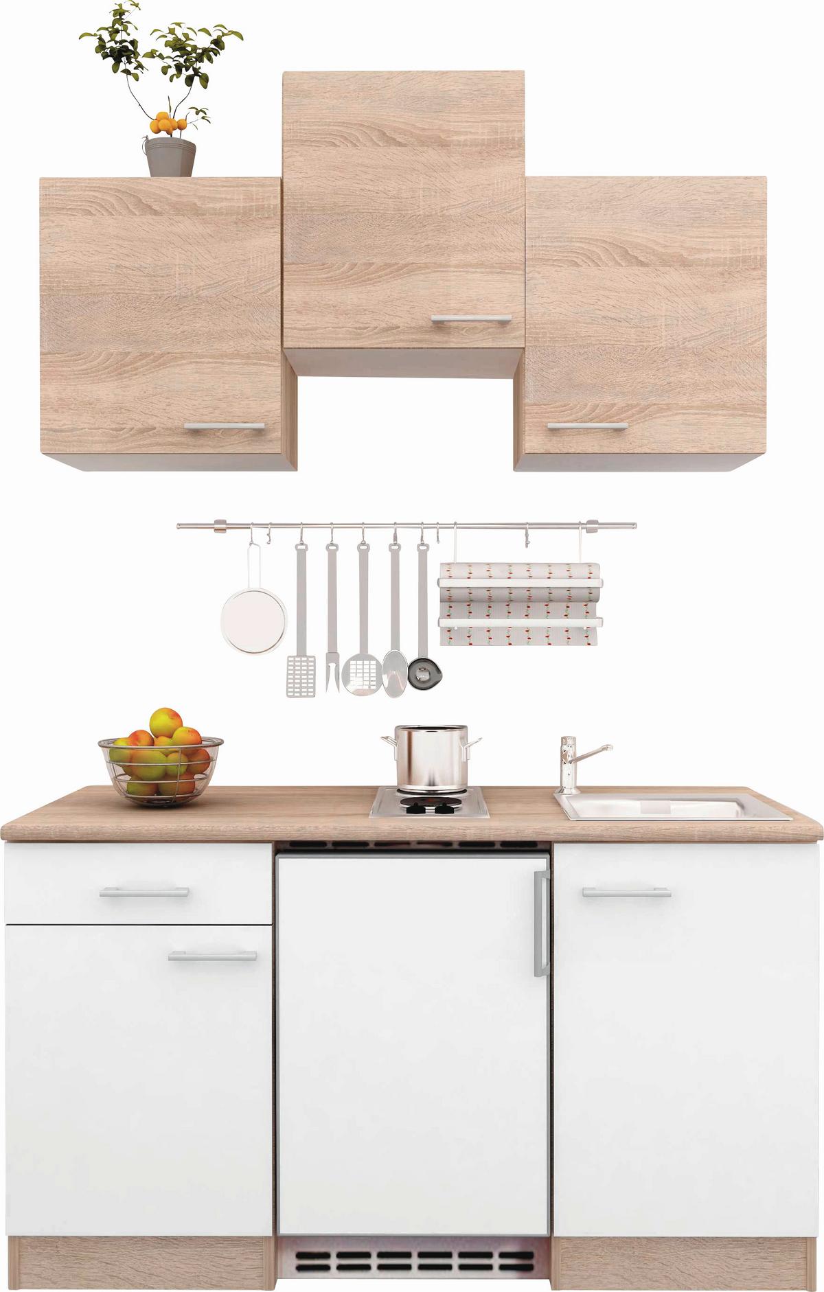 Miniküchen Samoa Weiß/Eichefarben mit Geräten - Alufarben/Weiß, KONVENTIONELL, Holzwerkstoff/Kunststoff (150,5/205/60cm) - FlexWell