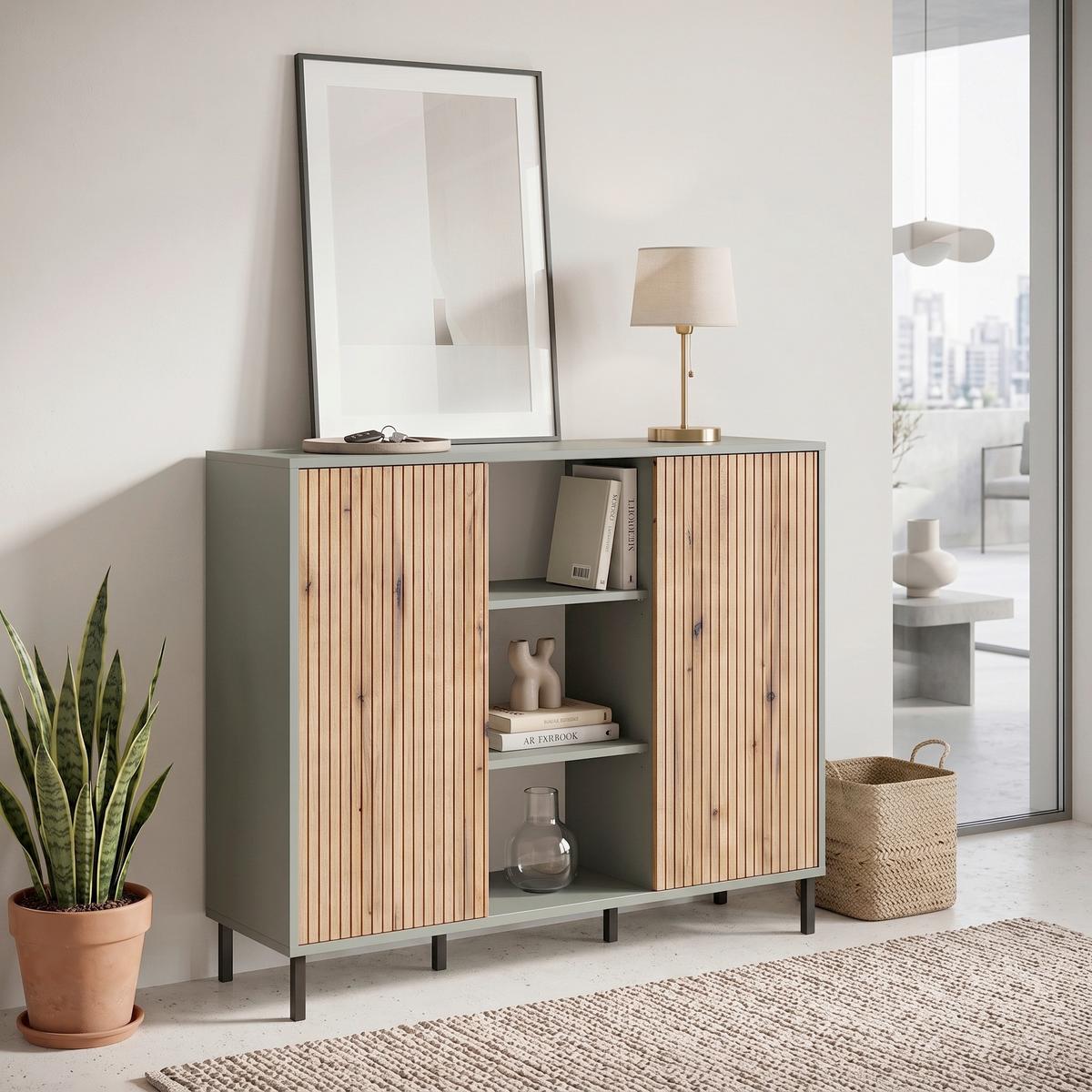 Komoda Pozzi - boje hrasta/sivo-zelena, Trend, drvni materijal/metal (111,6/105,2/40cm) - Modern Living