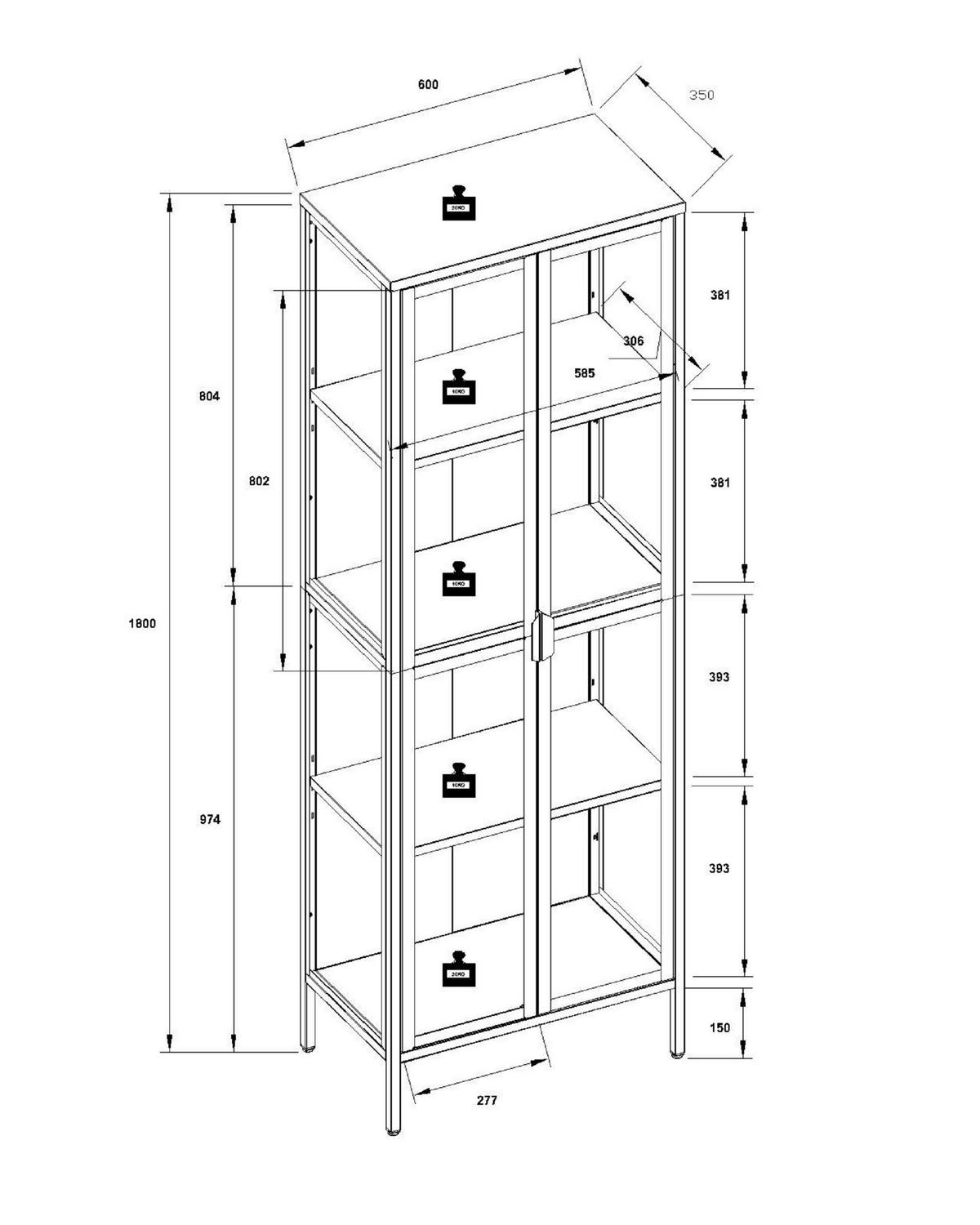 VITRINE FLOKA XXL - Weiss/Transparent, Design, Glas/Metall (60/180/35cm) - MID.YOU