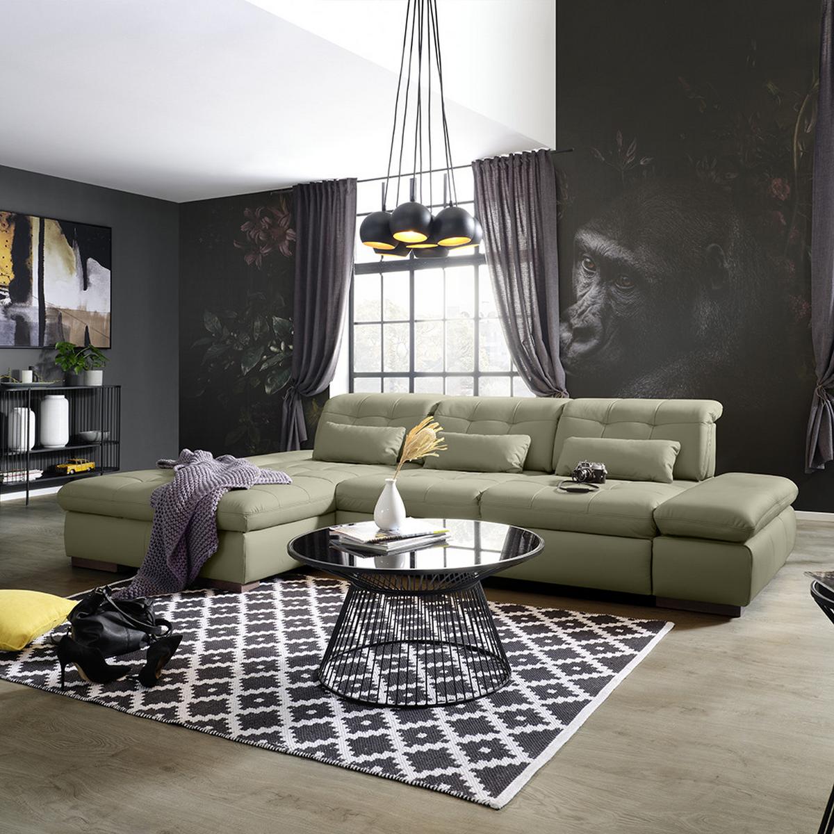 Wohnlandschaft Sanfino Leder Grau - Chromfarben/Grau, KONVENTIONELL, Leder/Metall (199/79-96/305cm) - Premium Living
