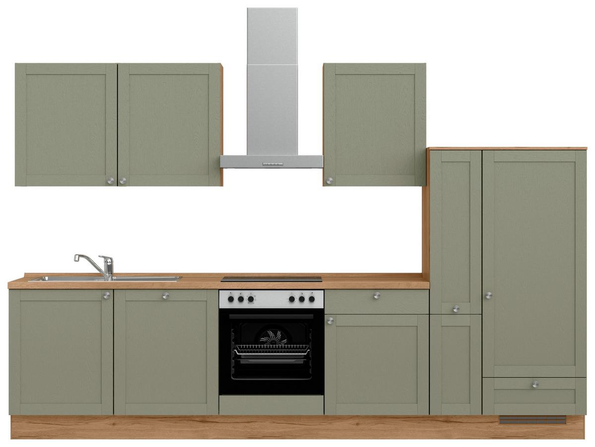 Küchenleerblock Frame Low o. Geräte Olivgrün - Edelstahlfarben/Eichefarben, MODERN, Holzwerkstoff/Metall (330cm) - Nobilia