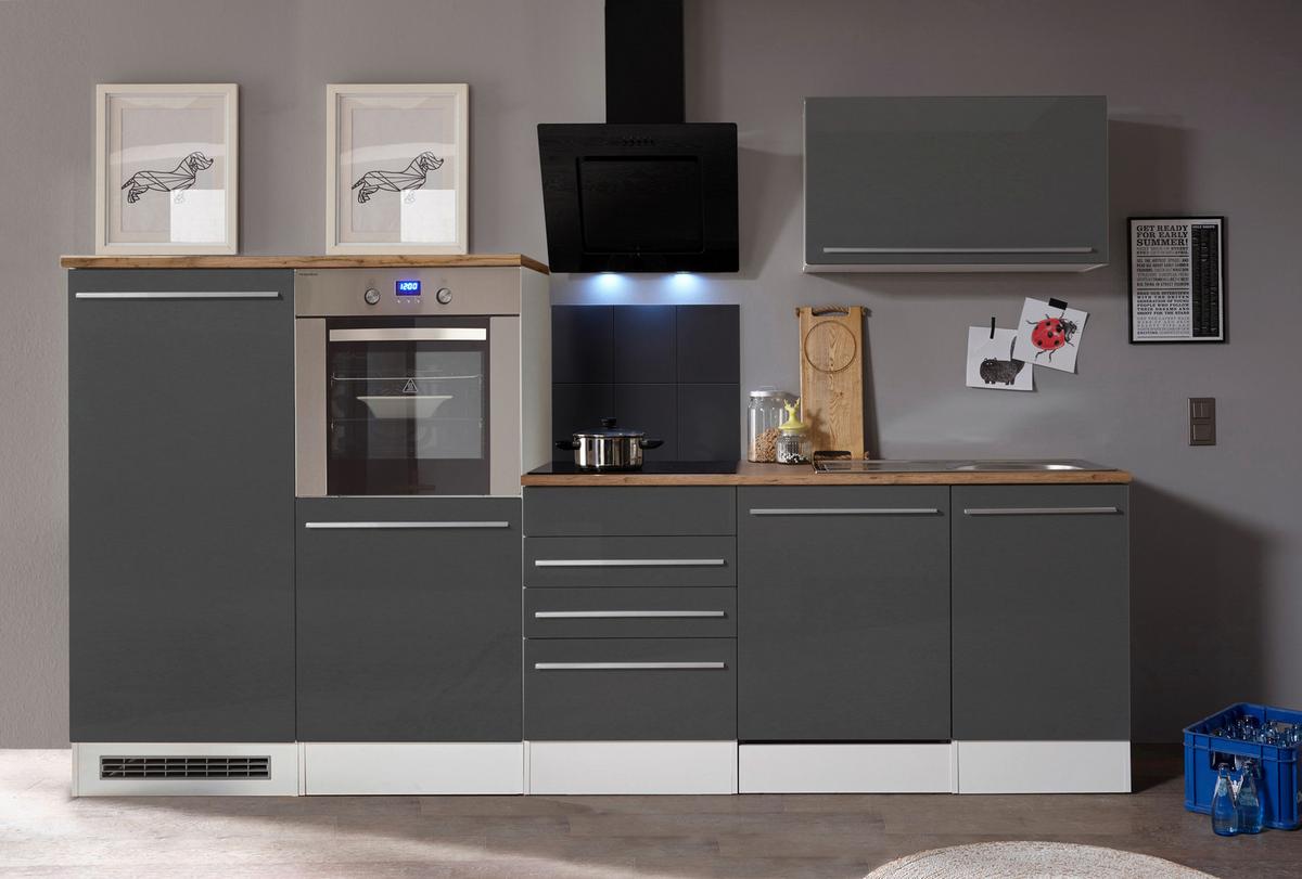Küchenblock Premium mit Geräte Grau/Weiß/Eiche ca. 290 cm - Wildeiche/Edelstahlfarben, Basics, Holzwerkstoff/Kunststoff (290cm) - Respekta