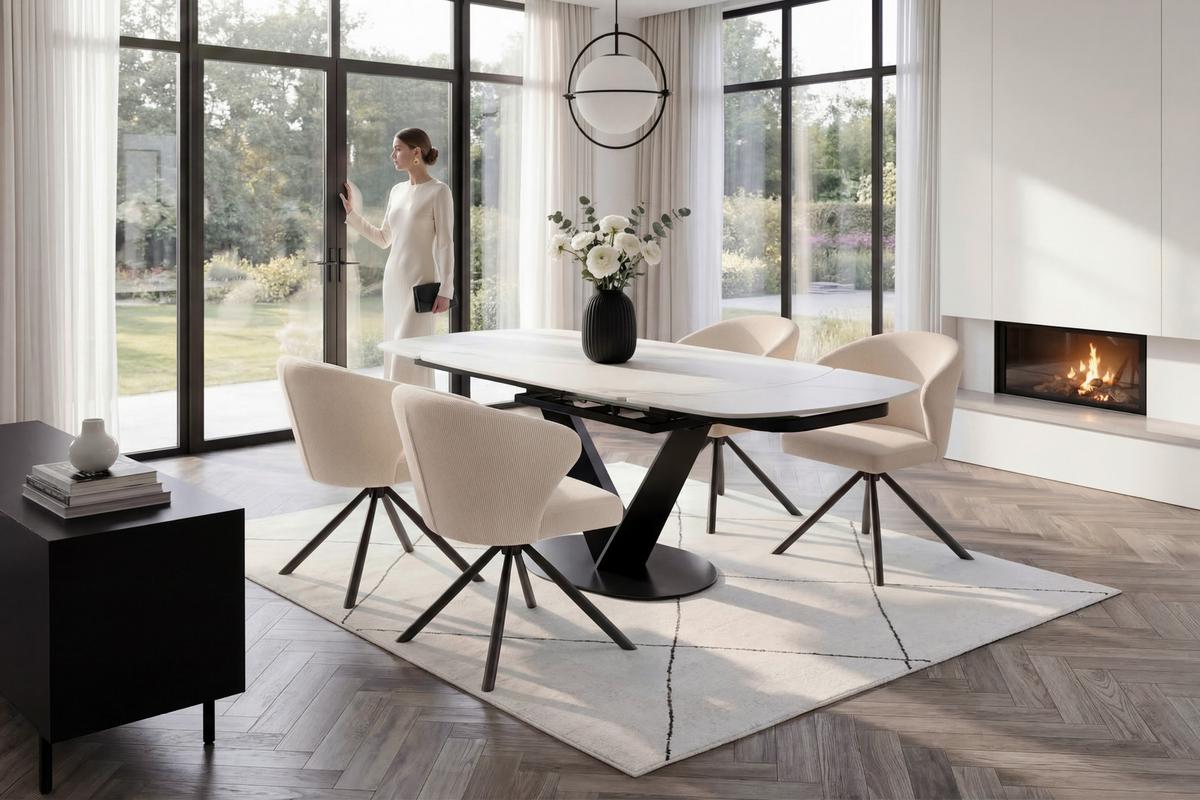 AUSZIEHTISCH NICOLAS - Weiss/Schwarz, Modern, Stein/Metall (120-180/90/75-77cm) - Mömax