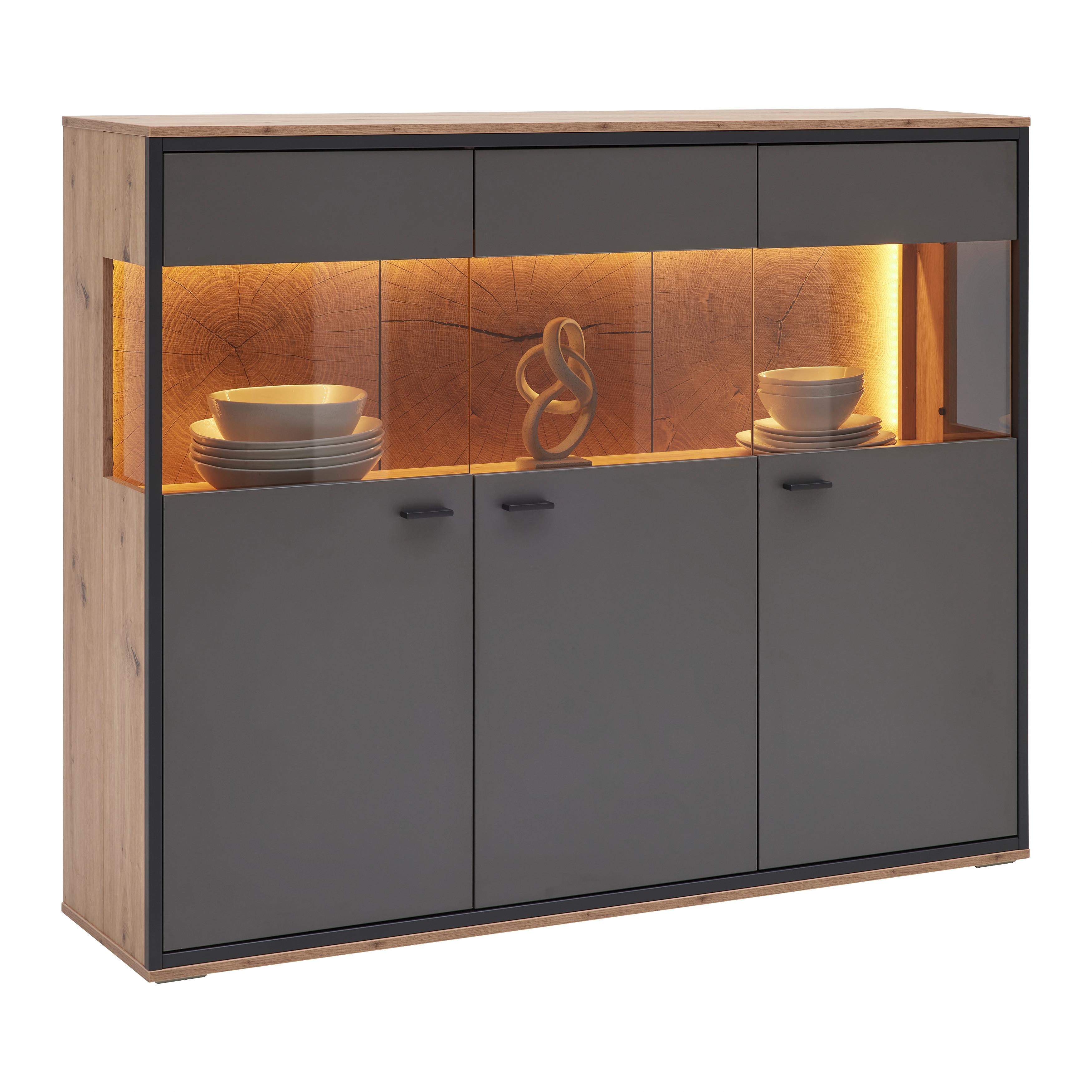 Highboard Florenz Grau/Eiche Artisan - Schwarz/Eiche Artisan, MODERN, Glas/Holzwerkstoff (150,2/121,5/38cm) - Premium Living