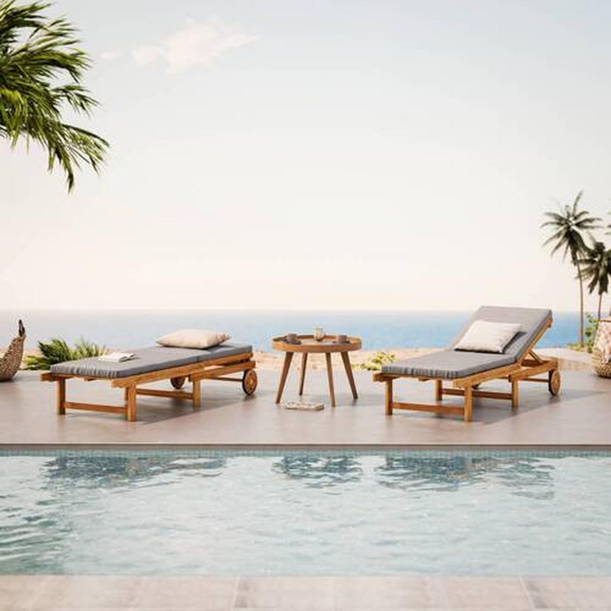 LEŻAK OGRODOWY TENERIFFA - kolor akacjowy/szary, Basics, drewno/tkanina (186/32/70cm) - Ambia Garden