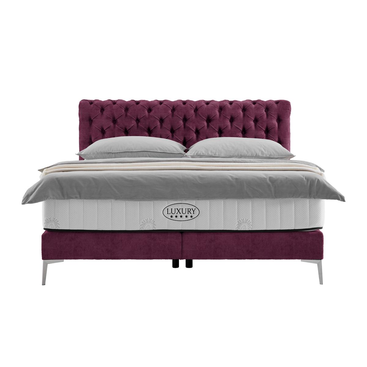 Boxspringbett Queen in Weinrot ca. 160x200cm - Chromfarben/Weinrot, KONVENTIONELL, Textil (160/200cm) - Premium Living