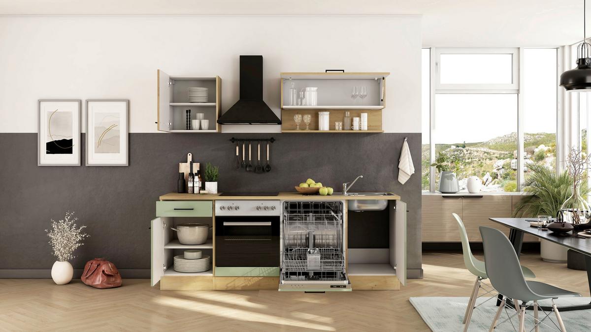 Küchenblock Cara m. Geräten Schilfgrün - Schilfgrün/Schwarz, Trend, Holzwerkstoff/Metall (220cm) - FlexWell