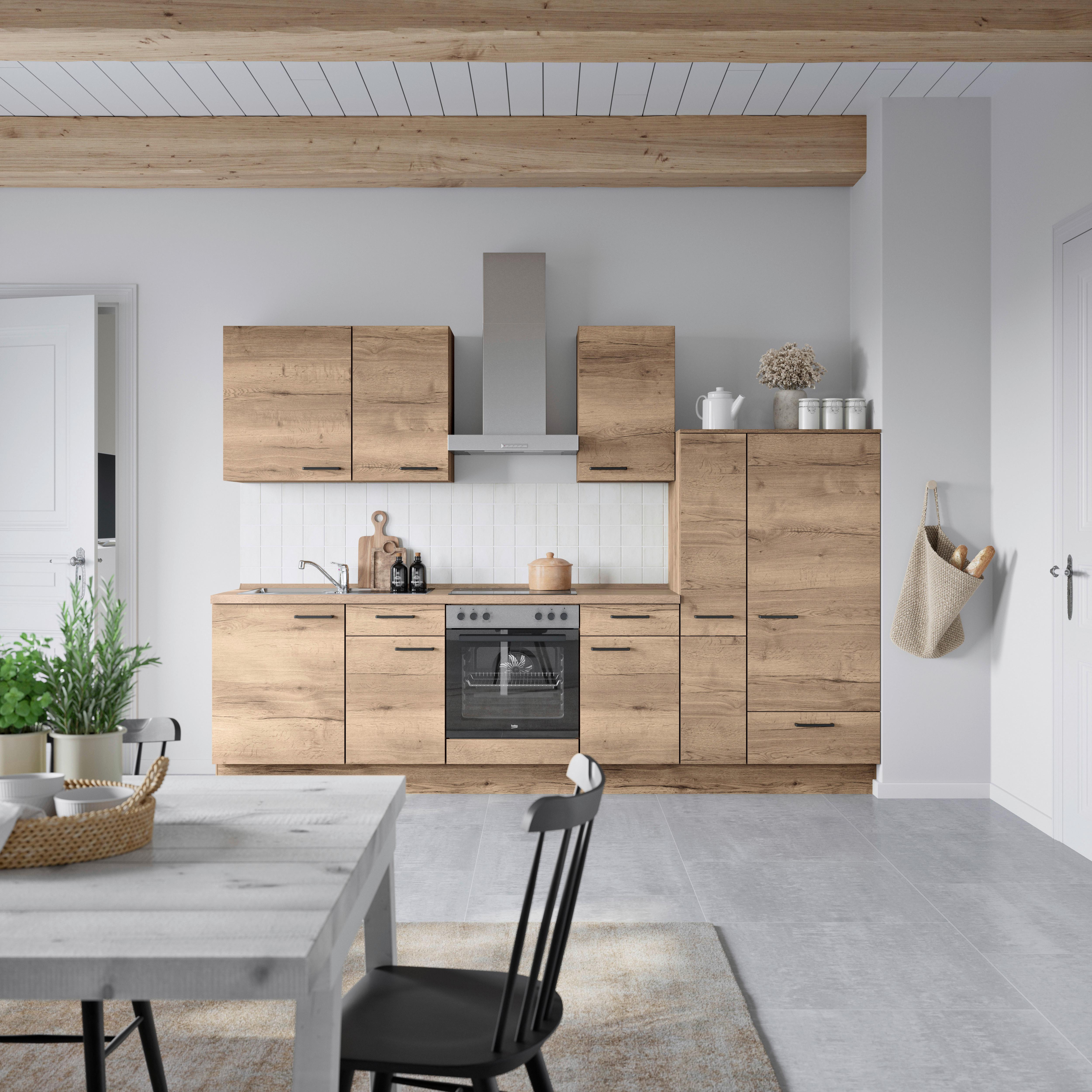 Küchenblock Structura Low m. Geräten Eiche dunkel - Eiche dunkel/Eichefarben, MODERN, Holzwerkstoff/Metall (300cm) - Nobilia