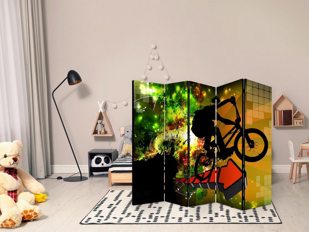 Paravan Bicycle Tricks I, 5-Delni, Dvostranski - rdeča/oranžna, Basics, tekstil/les (225/172/3cm) - artgeist