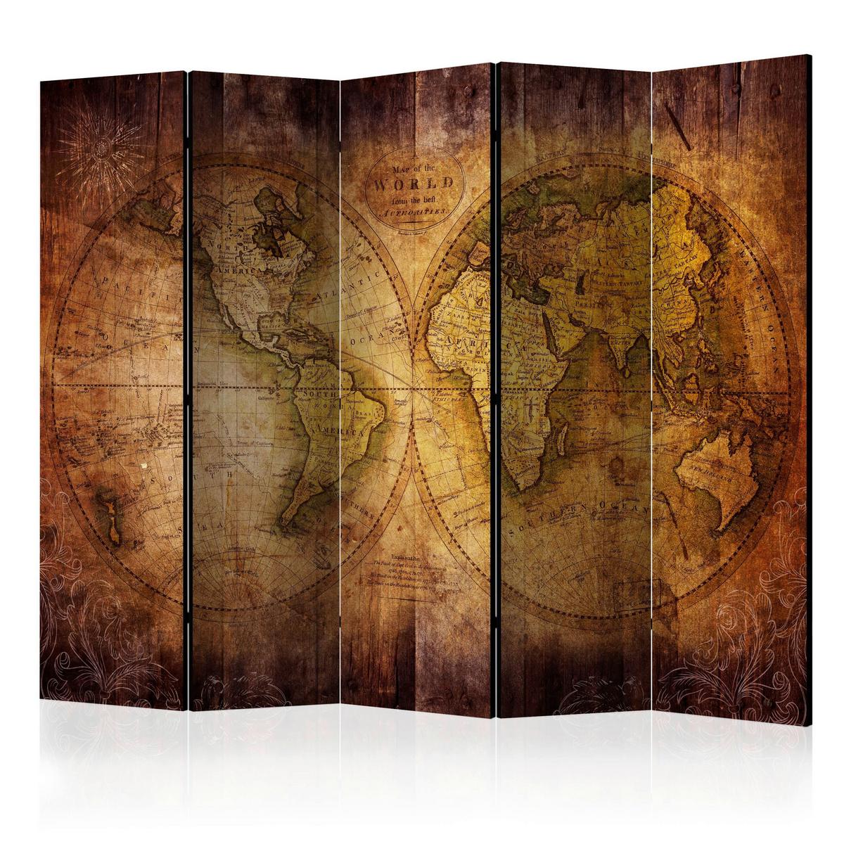 Paravan Old World Map, 5-Delni, Enostranski - barve konjaka/rjava, Basics, tekstil/les (225/172/3cm) - artgeist