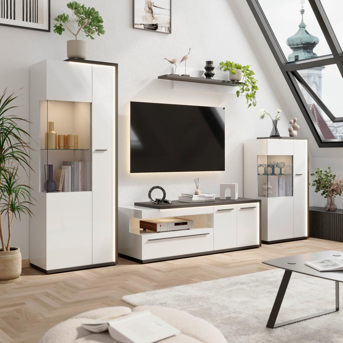 Tv Komoda Ambiente Plus - bijela/bijela visoki sjaj, Moderno, drvni materijal/plastika (163,6/56,6/53,6cm) - Modern Living