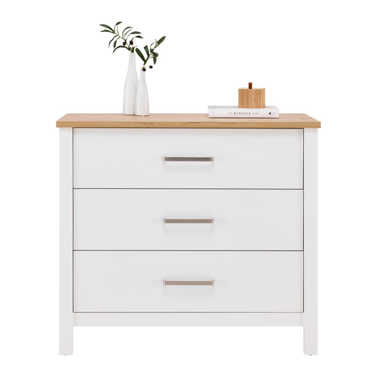 Kommode Sicilia Weiß/Eiche - Silberfarben/Weiß, ROMANTIK / LANDHAUS, Holzwerkstoff/Metall (103/92/45cm) - Mömax