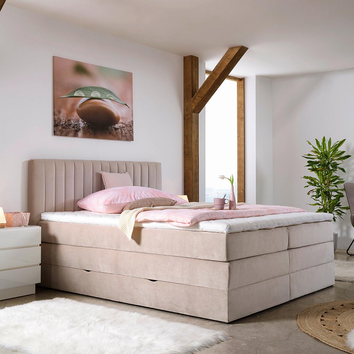 Postelja Boxspring Simon, Bež, 180x200 - črna/bež, Konvencionalno, umetna masa/tekstil (180/200cm) - Premium Living